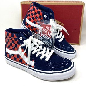 VANS Sk8-Hi Pro Checkerboard Navy Red Suede Canvas Shoes Men's Size VN000VHGW7E